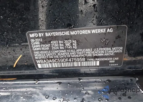 2013 BMW 335I из США, поврежденный, VIN WBA3A9C59DF475958